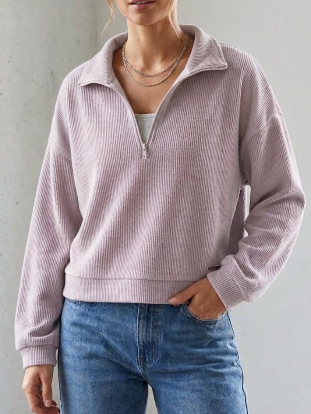 La Vie en Rose Heavy Ribbed 1/4 Zip Pullover Mock-Neck Oversized Sweatshirt Sz M